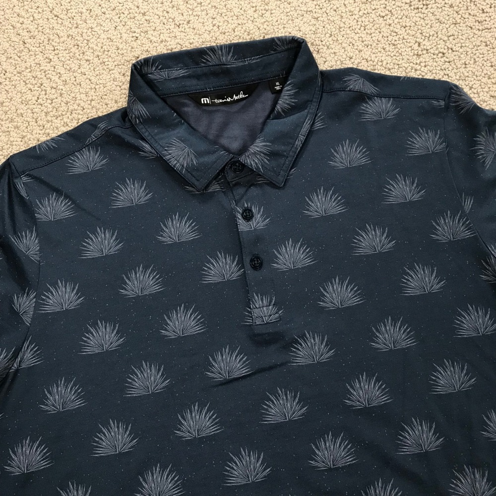 TravisMathew Mens XL Navy Blue Agave Print Pima Cotton Blend Golf Polo Shirt